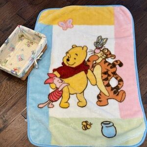 Vintage Winnie the Pooh Plush Blanket & Basket